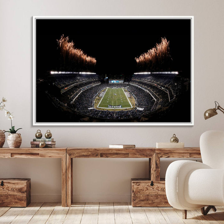 Eagles Stadium Wall Art depicting a nighttime game and fireworks at Lincoln Financial Field.