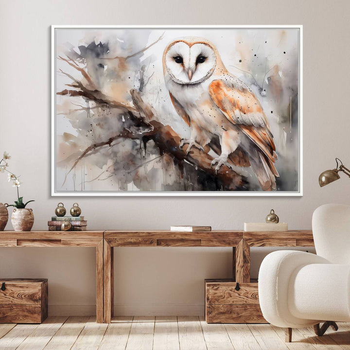 The Barn Owl Wall Art watercolor canvas adds a rustic twist to farmhouse decor.