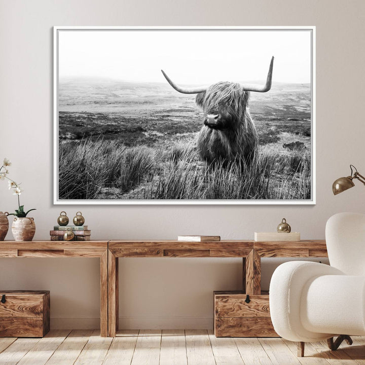 The Scottish Highland Cow black and white canvas print adds rustic farmhouse charm to any wall.