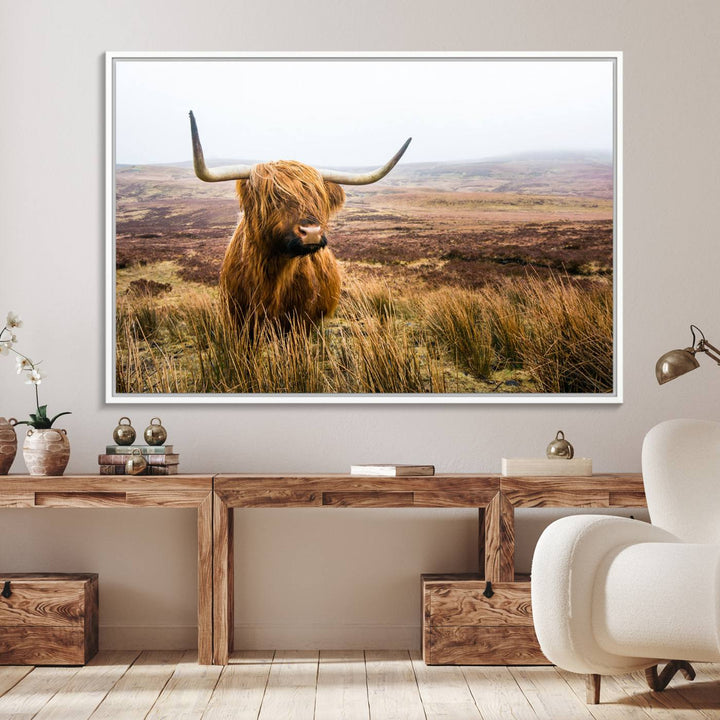 The Scottish Highland Cow Wall Art is perfect for rustic farmhouse decor, featuring misty moorland hues.