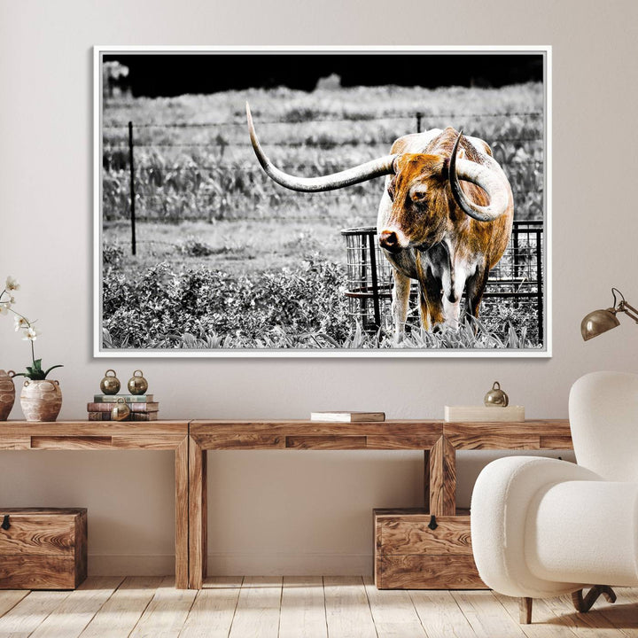 Majestic Texas Longhorn Cow Wall Art features a ready-to-hang canvas print that complements rustic farmhouse décor.