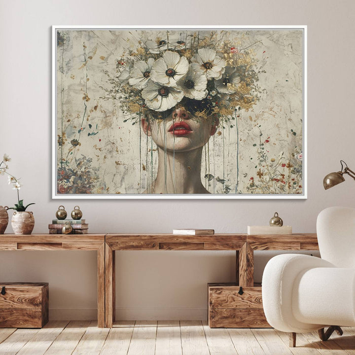 An abstract floral painting on canvas, adorned with vibrant splatters and blooming flowers.