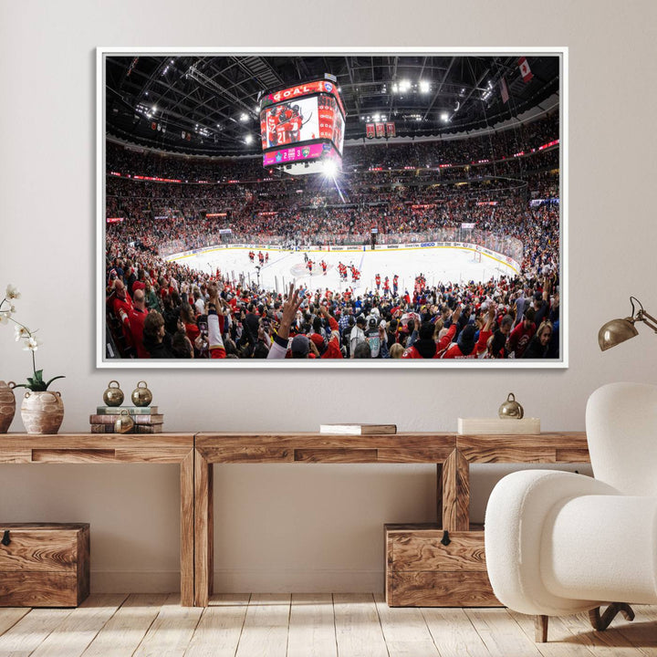 The wall art, a high-quality basketball arena canvas, evokes the excitement of fans cheering at the Amerant Bank Arena.