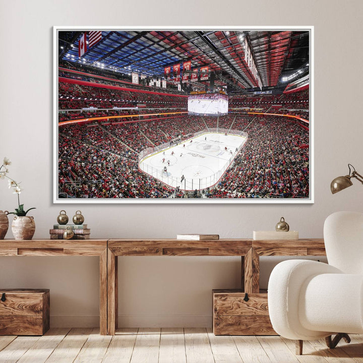 A Barton Malow canvas depicting Little Caesars Arena from above is beautifully printed in high resolution for your wall.