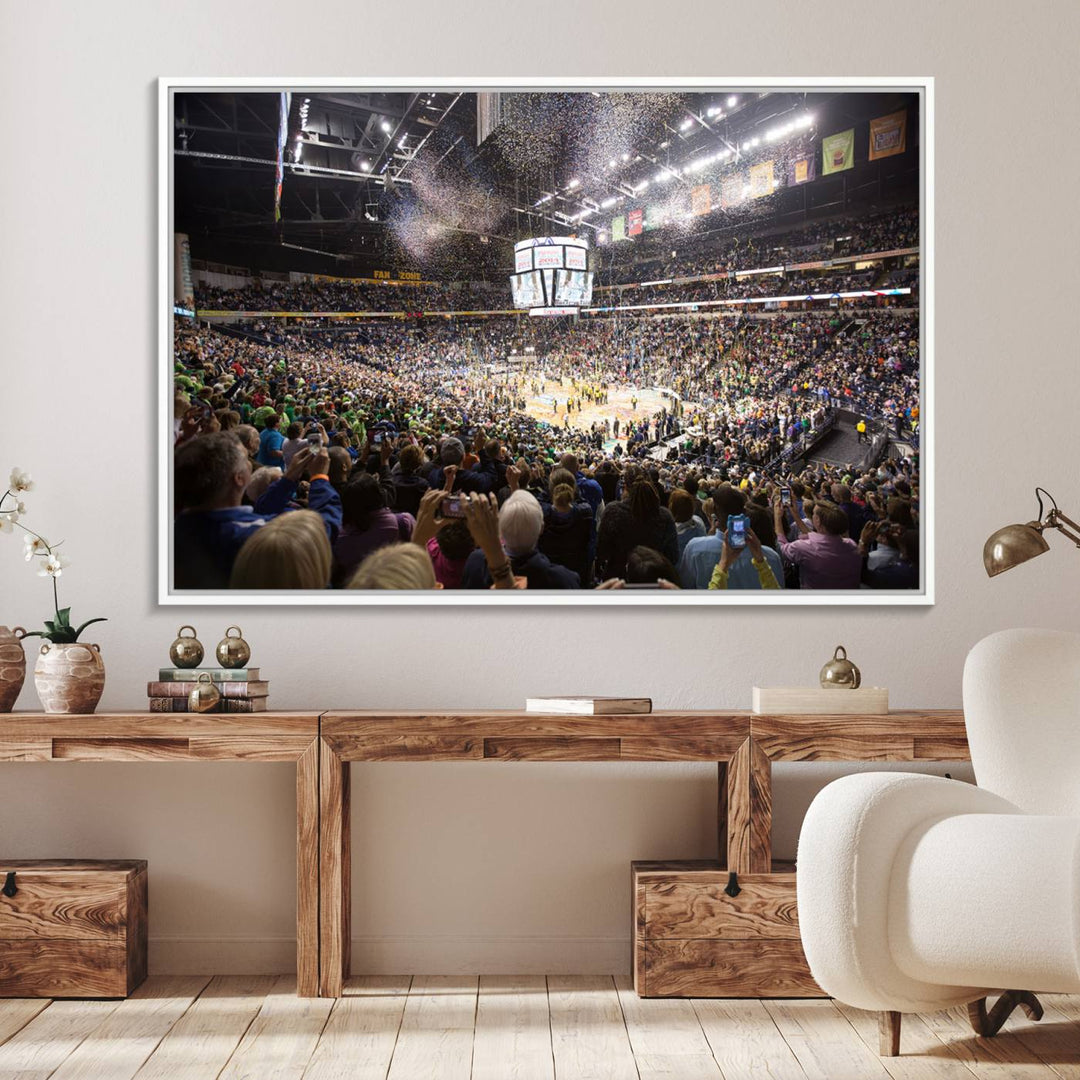 Our ready-to-hang canvas print captures the vibrant scene of the Bridgestone Arena illuminated with fans and confetti.