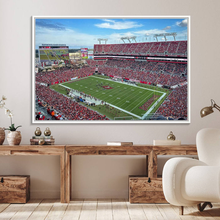 The Florida Tampa Raymond James Stadium Wall Art Canvas Print is featured above the cabinet.