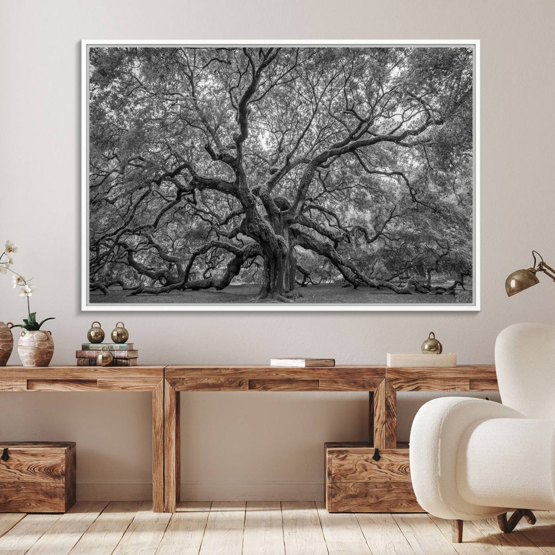 The Majestic Angel Oak Tree canvas print enhances minimalistic decor with its nature photography.