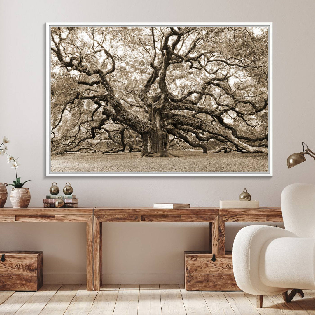 Displayed on the wall is a Sepia-framed Angel Oak Tree 3-panel canvas.