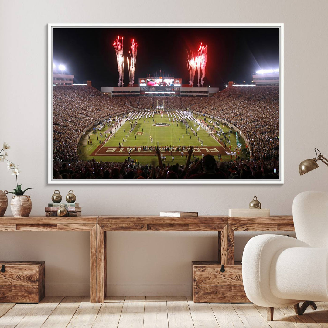 A vibrant wall art piece of the Florida State Seminoles sets a lively tone, depicting scenes filled with energy and celebration.