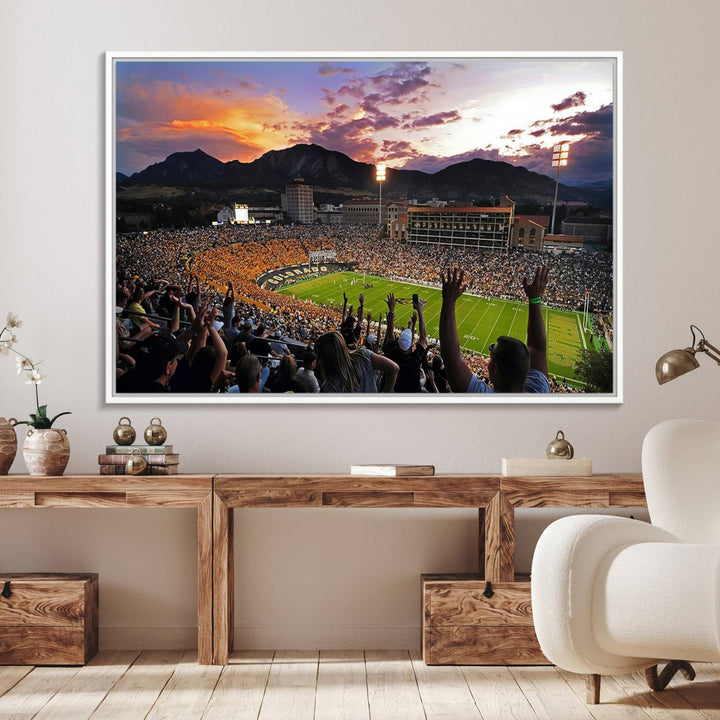 The Folsom Field Stadium Print beautifully captures the Colorado Buffaloes stadium at sunset, set against a stunning mountain backdrop.