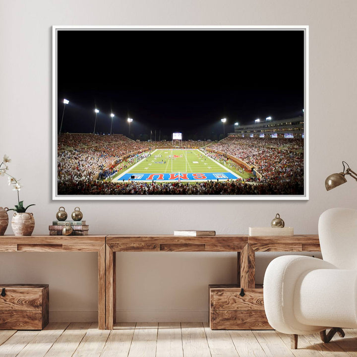 Wide-angle view of a vibrant painting depicting SMU Mustangs Football at Dallas Gerald J. Ford Stadium, capturing the energy and excitement of a filled stadium and brightly lit field.