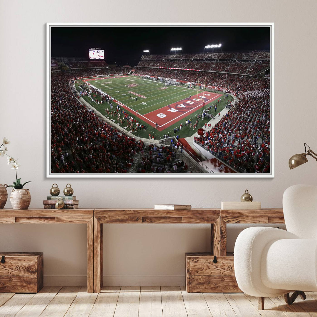 Aerial view of TDECU Stadium at night on the Houston Cougars Football Wall Art Canvas Print.