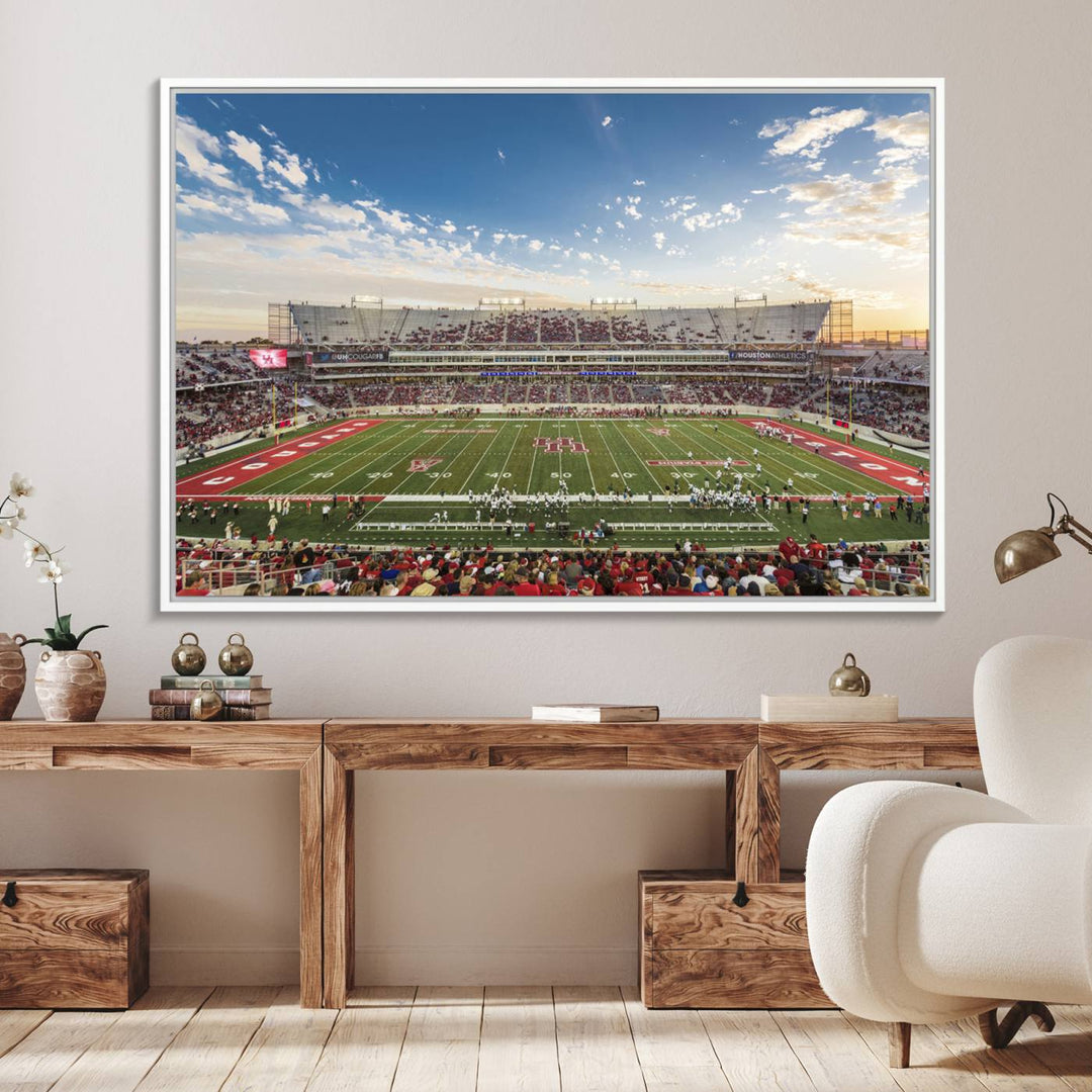 A Houston Cougars print of TDECU Stadium with a game crowd beautifully enhances the living room decor.