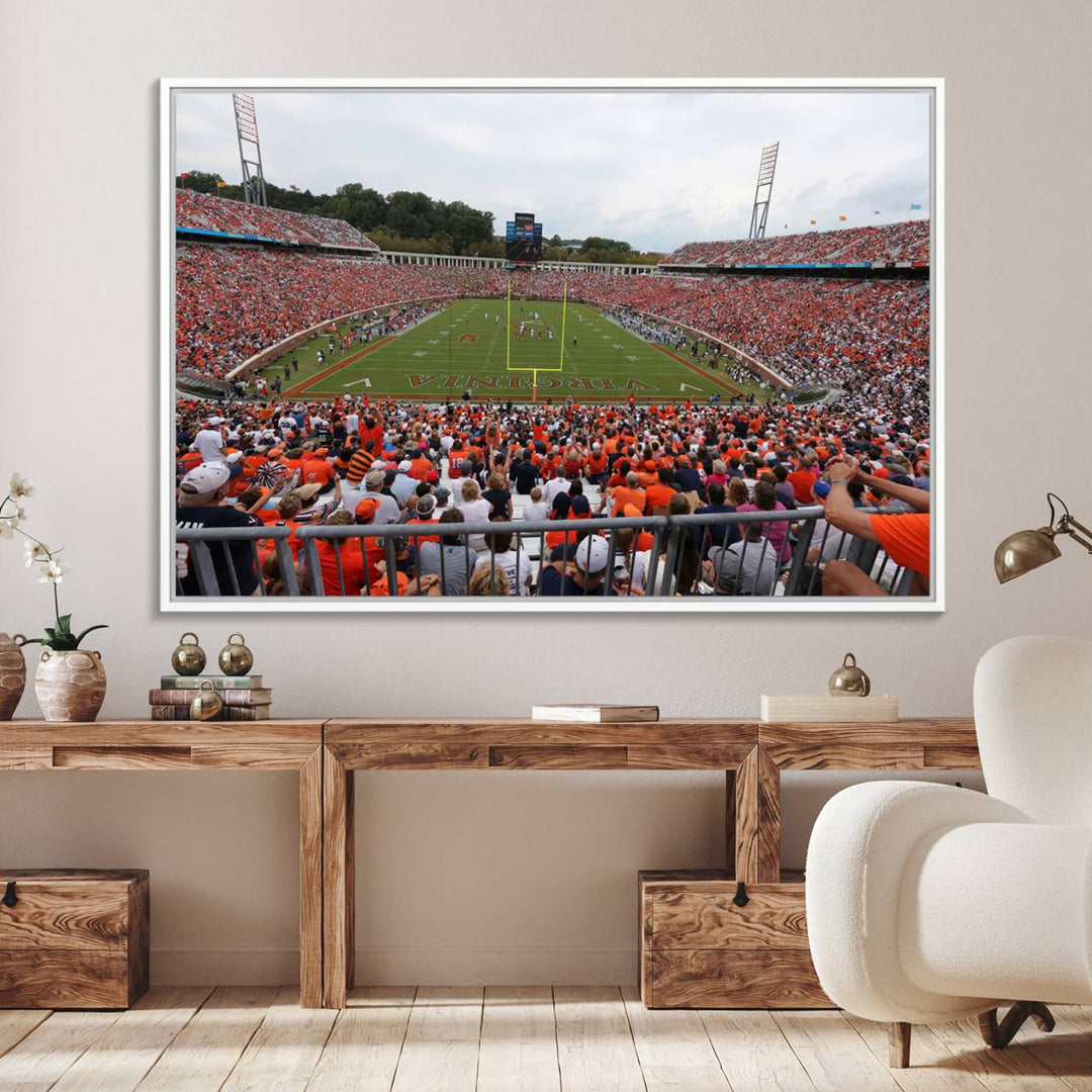 The Virginia Cavaliers Wall Art Canvas Print features a thrilling game at Scott Stadium surrounded by greenery.