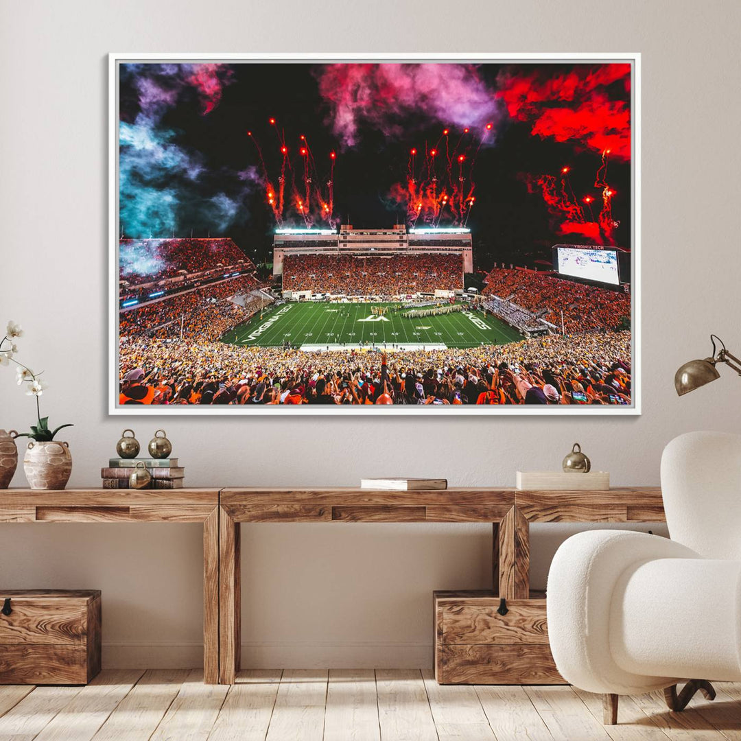 A Hokies football canvas print displays Lane Stadium at night with fireworks.