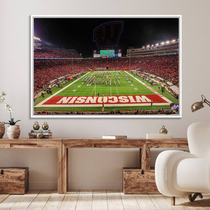 A premium canvas print captures a vibrant scene of Camp Randall Stadium featuring a lively football game with cheering fans and the energetic movements of the band.