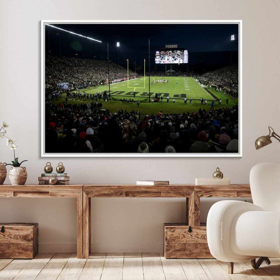 A Purdue Boilermakers canvas print beautifully showcases Ross–Ade Stadium in West Lafayette, vibrant with fans and a large screen display.