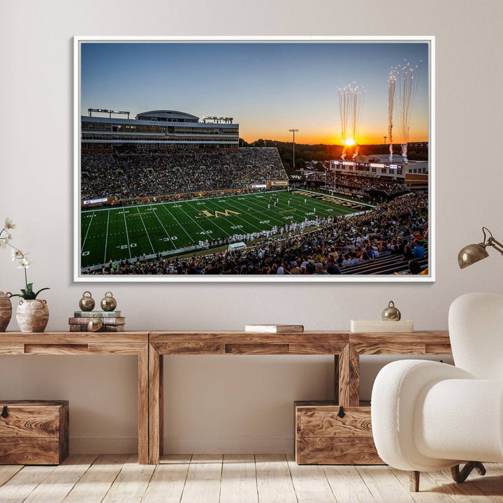 Canvas wall art print depicting the Demon Deacons football stadium at sunset with fireworks.