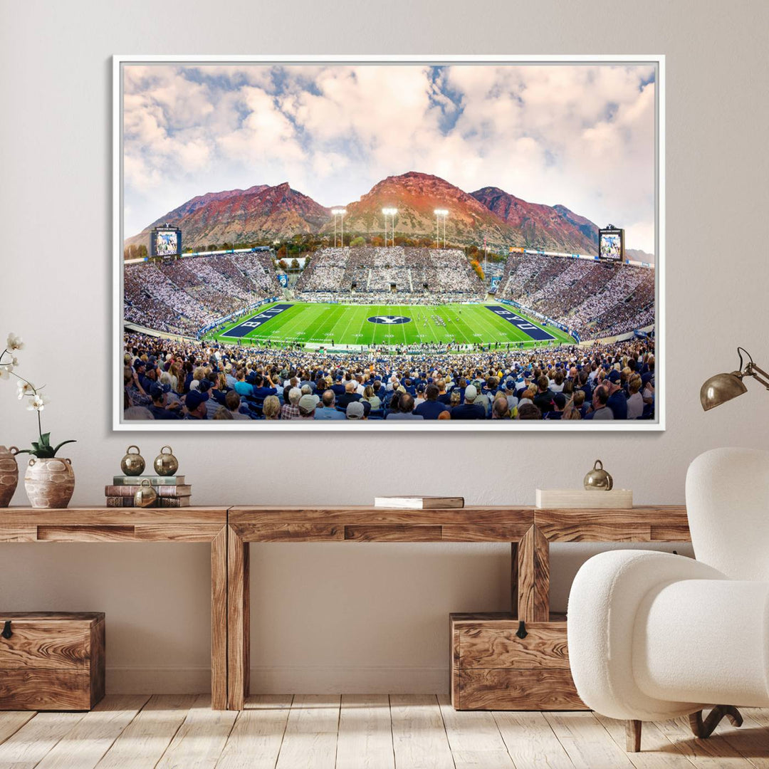 A museum-quality canvas featuring BYU Cougars Football at LaVell Edwards Stadium with a stunning mountain view.