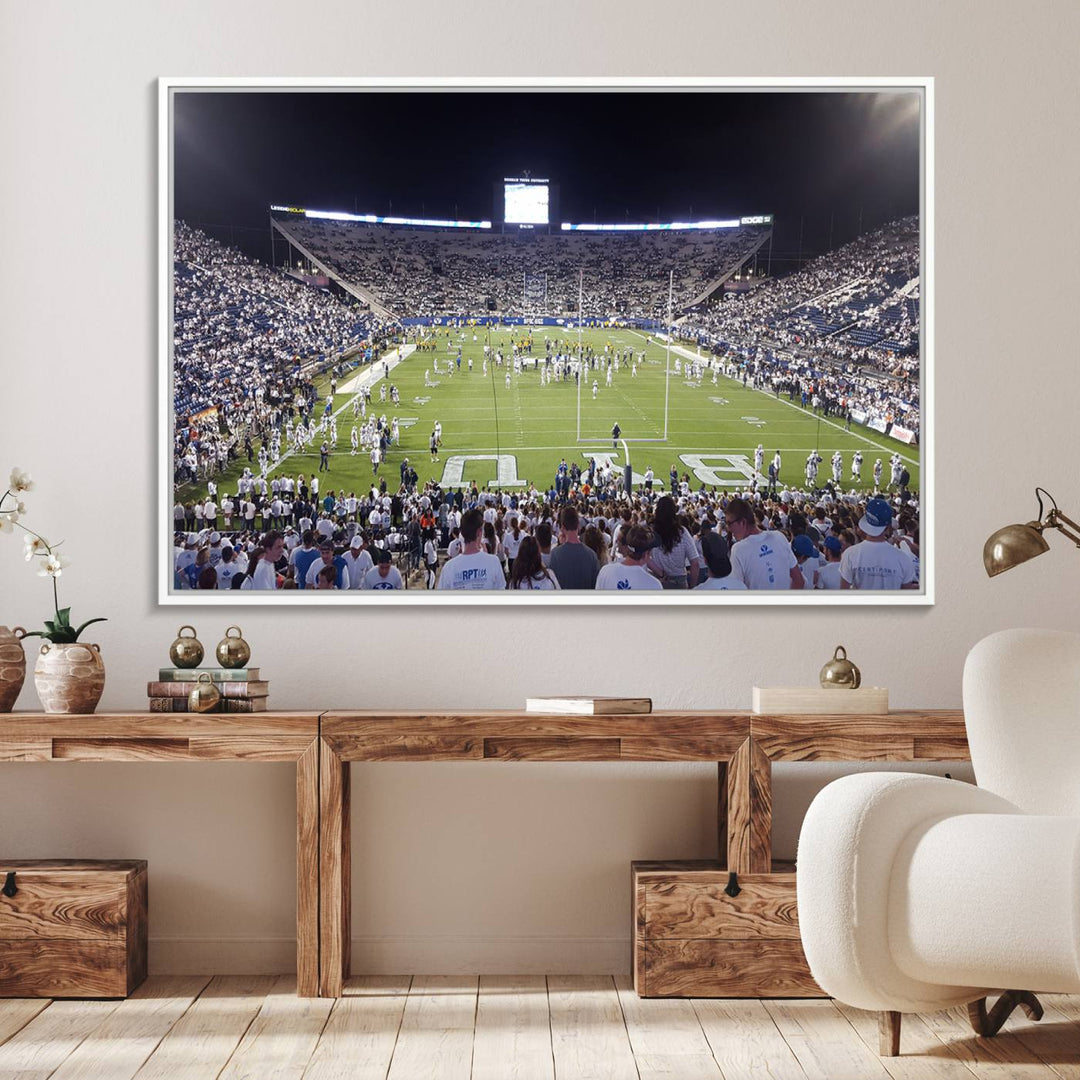 The wall art is a premium canvas of LaVell Edwards Stadium, offering a gallery-quality finish that showcases BYU Cougars pride.