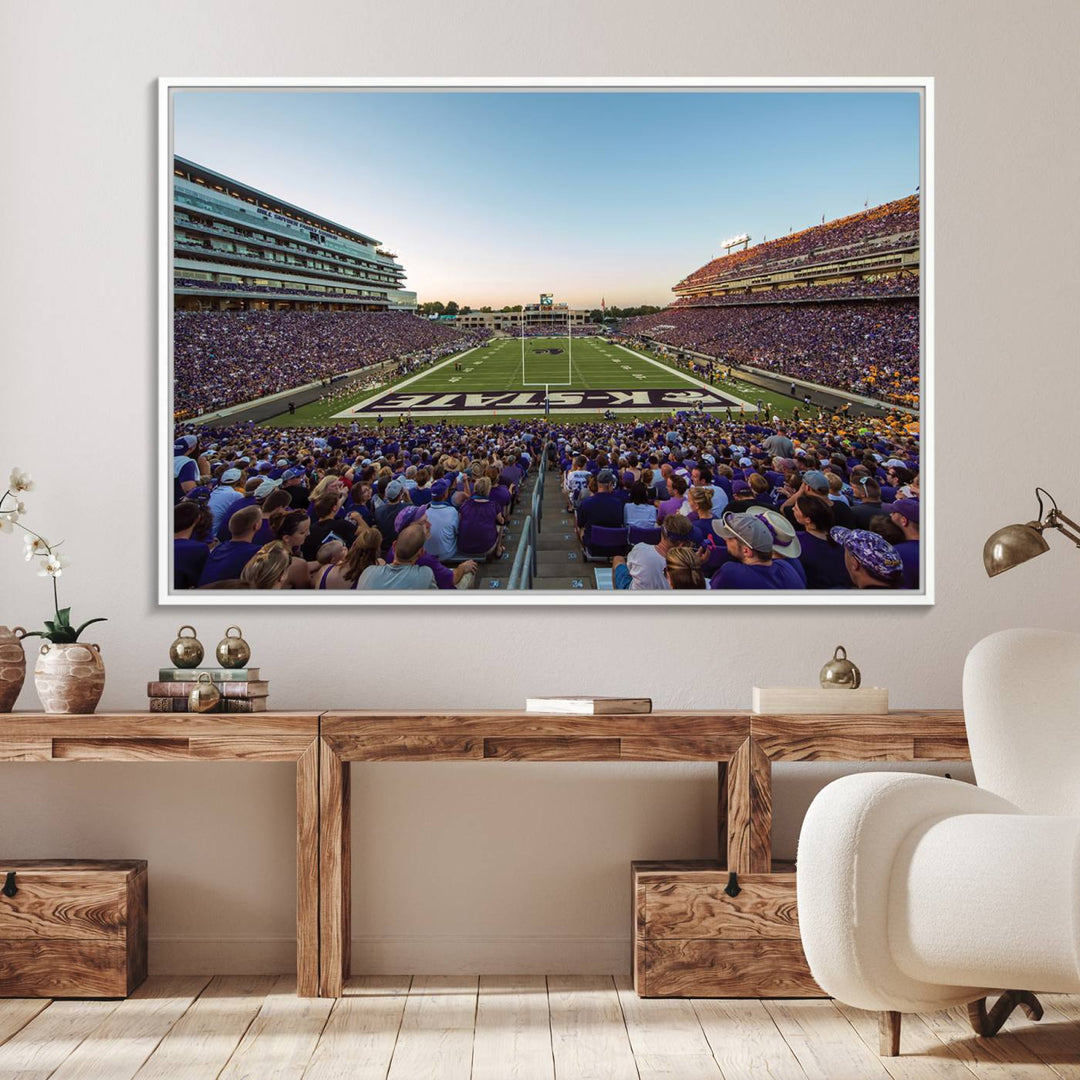 Sunset view of fans in purple at Bill Snyder Family Stadium, captured in a stunning gallery wall art canvas, perfect for a modern living room or office.