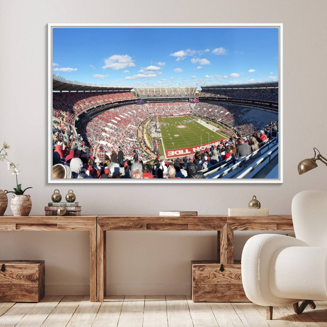 Canvas print of Alabama Crimson Tides Bryant-Denny Stadium, showcasing a sunlit field under a blue sky.