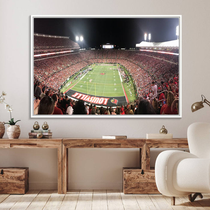 Panoramic view of a crowded football stadium with Louisville in the end zone, crafted as University of Louisville wall art.