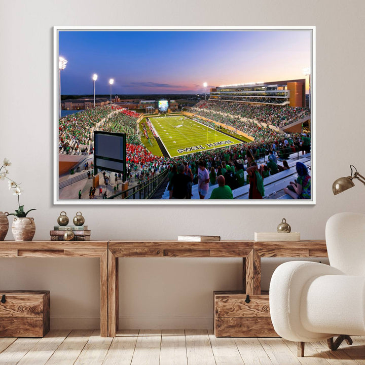 Aerial view of University of North Texas DATCU Stadium at sunset on canvas, showcasing a colorful sky.