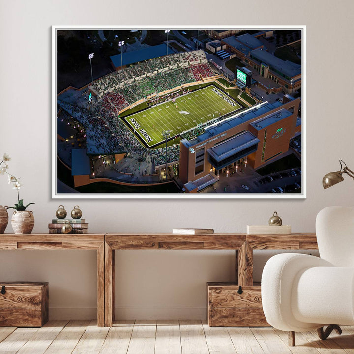 Night aerial view of fans at UNT Mean Green game captured on premium DATCU Stadium canvas wall art print.