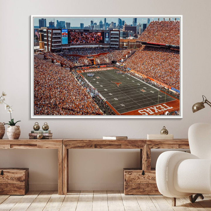 A premium canvas wall art featuring the University of Texas Longhorns stadium, showcasing a vibrant sea of orange.