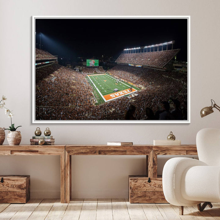 A football game at a packed stadium is captured on the University of Texas Longhorns Stadium Canvas Print.