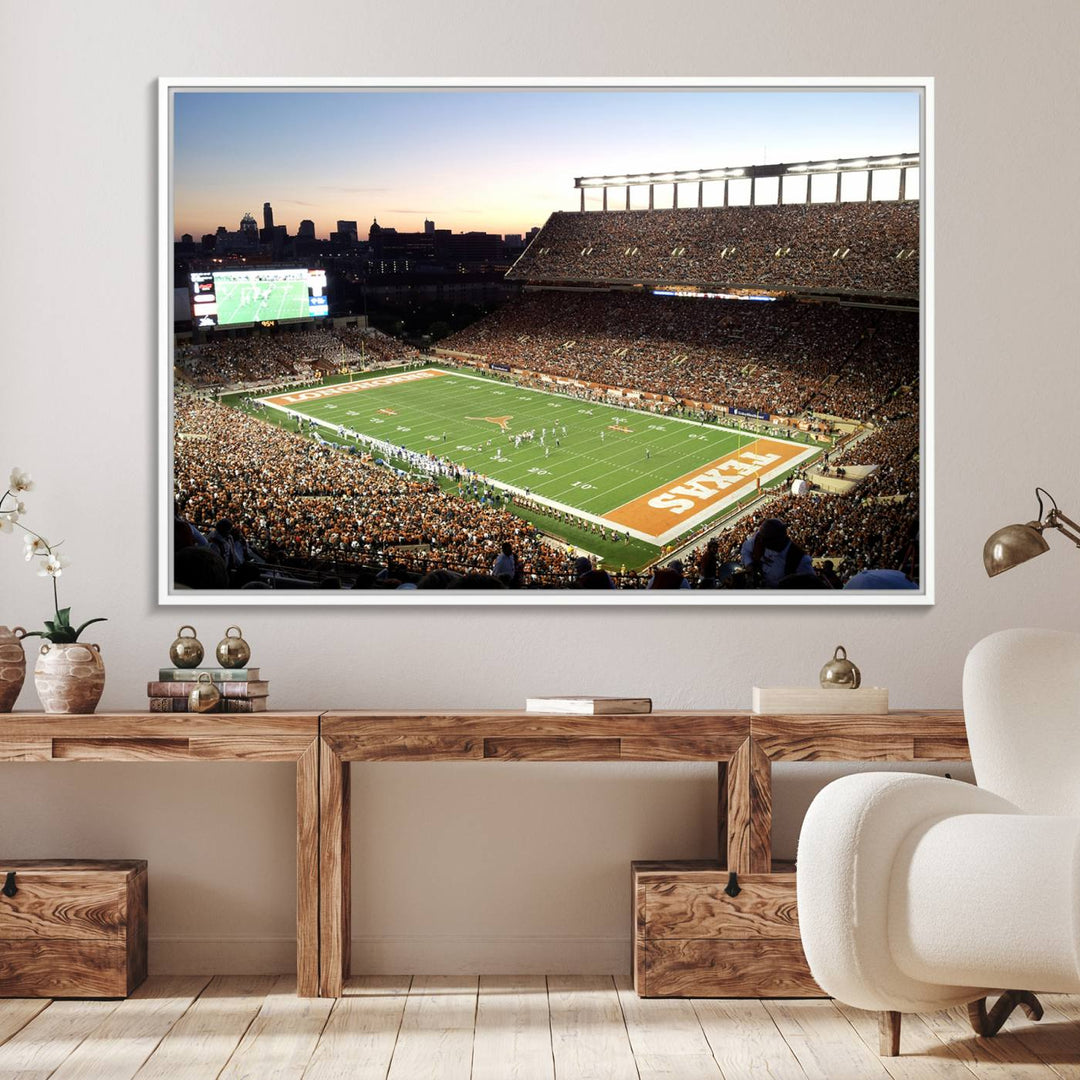 The Evening Game canvas art captures a glowing sunset and skyline at Texas Longhorns Darrell K Royal Stadium.