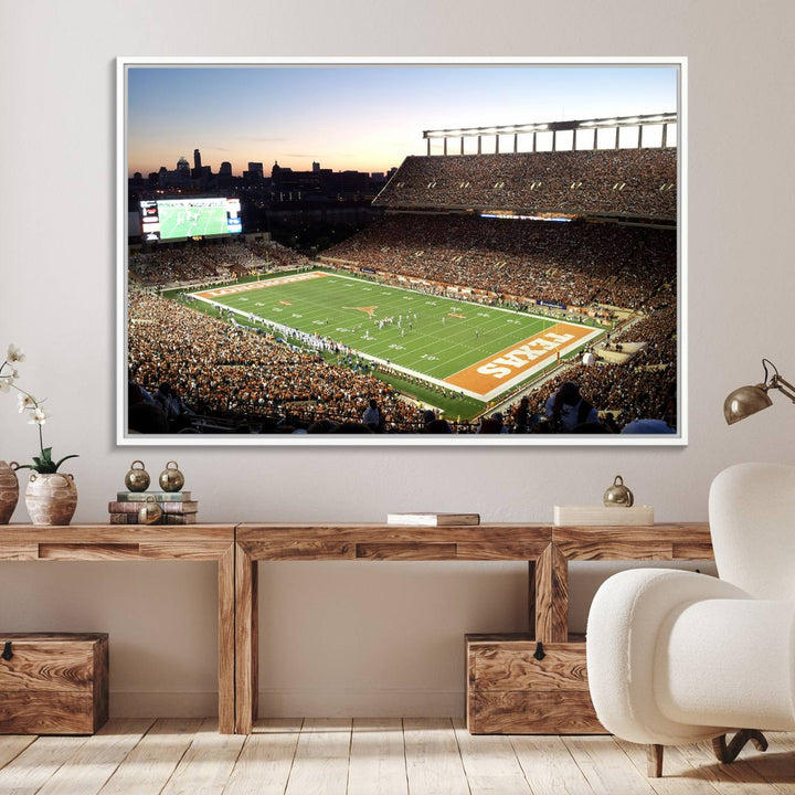 The Evening Game canvas art captures a glowing sunset and skyline at Texas Longhorns Darrell K Royal Stadium.