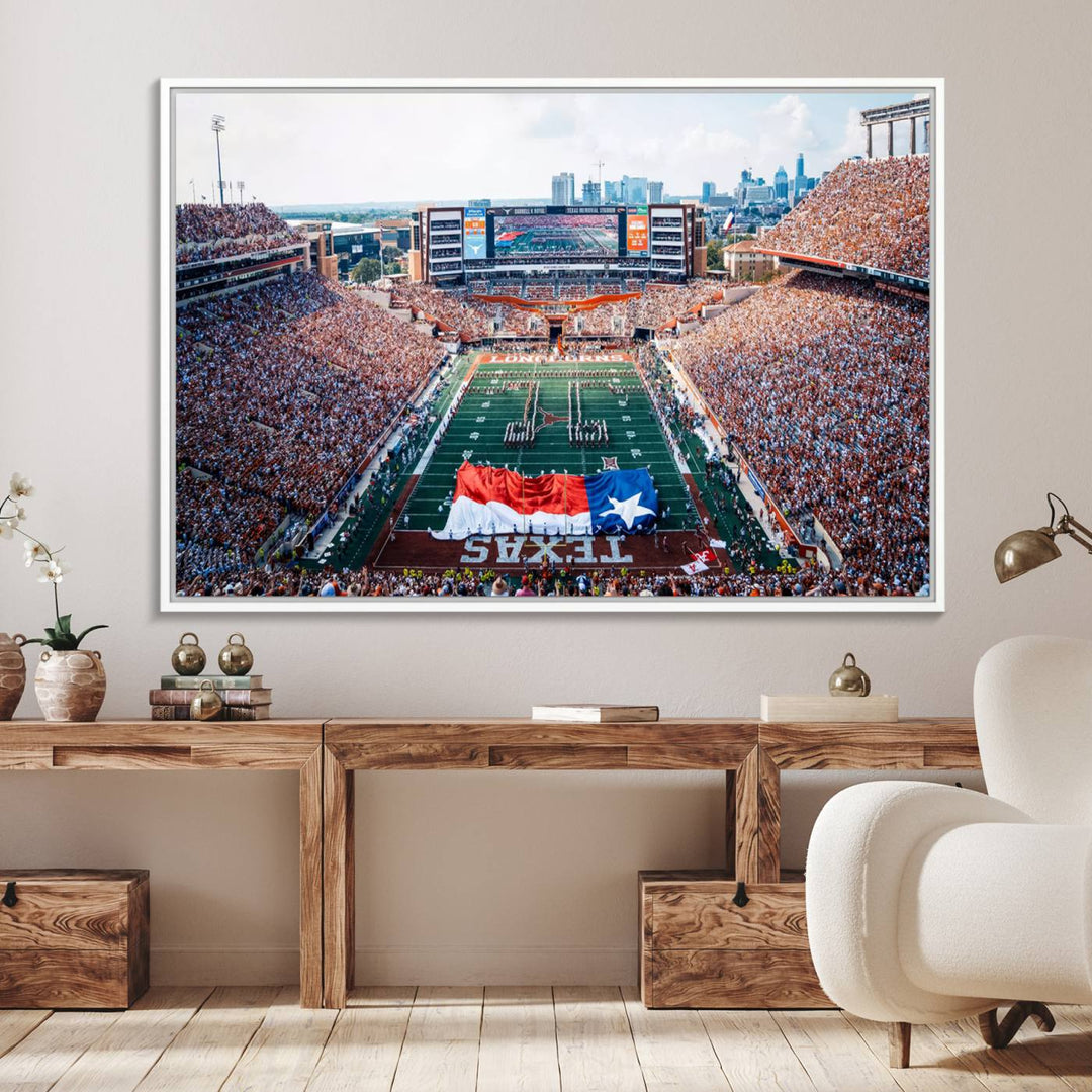 University of Texas Longhorns canvas: A premium print depicting Darrell K Royal-Texas Memorial Stadium with the city skyline and Texas flag.
