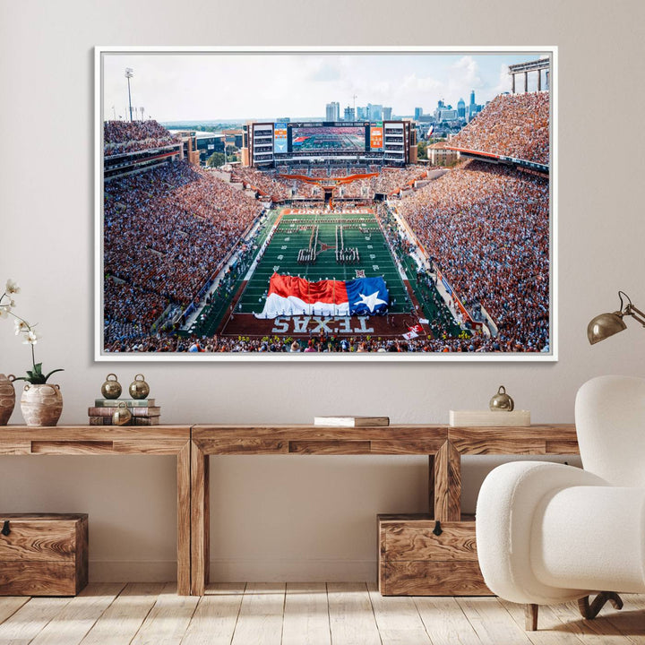 University of Texas Longhorns canvas: A premium print depicting Darrell K Royal-Texas Memorial Stadium with the city skyline and Texas flag.