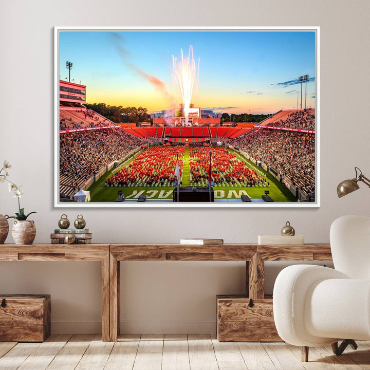 A vibrant North Carolina State University Wolfpack print, capturing a people-filled stadium, fireworks, and a sunset—perfect for your living room wall.