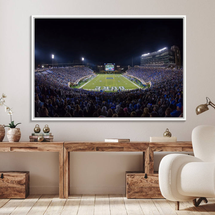 Under bright lights at night, the Duke Blue Devils Football Team Durham canvas wall art print is prominently displayed.