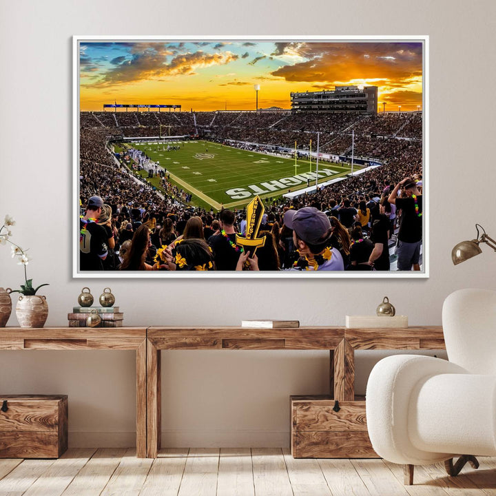 A sunset football game at UCFs Stadium—ideal as a premium wall art canvas print for your home.