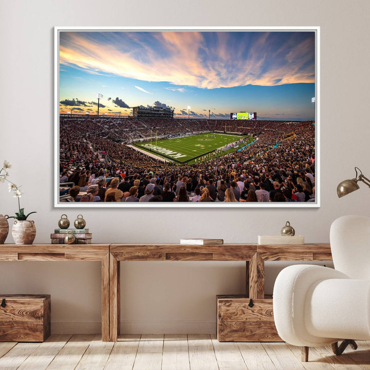 A vibrant wall art canvas captures a sunset scene at Orlandos FBC Mortgage Stadium, featuring the UCF Knights.