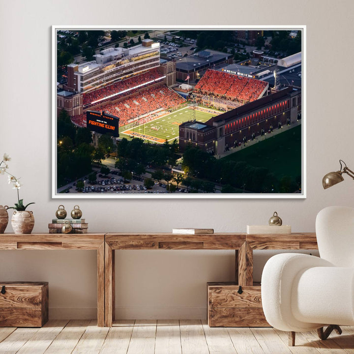 Aerial view of the University of Illinois Memorial Stadium on premium canvas, capturing buildings and greenery at dusk.