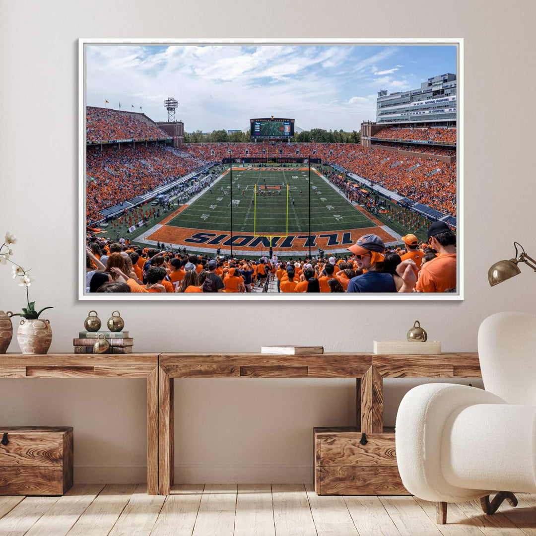 The Illinois stadium packed with orange-clad fans makes for a premium University of Illinois canvas wall art.