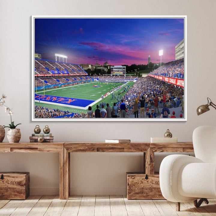 A canvas art piece depicting the Kansas Jayhawks stadium at twilight, vibrant in a modern setting.