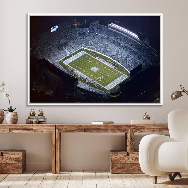 Aerial view of UNC Tar Heels night game at Kenan Memorial Stadium, perfect wall art canvas for fans.