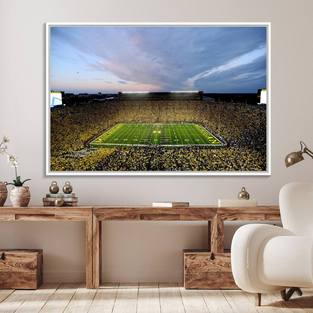 Gallery-quality canvas print of Michigan Stadium at sunset.