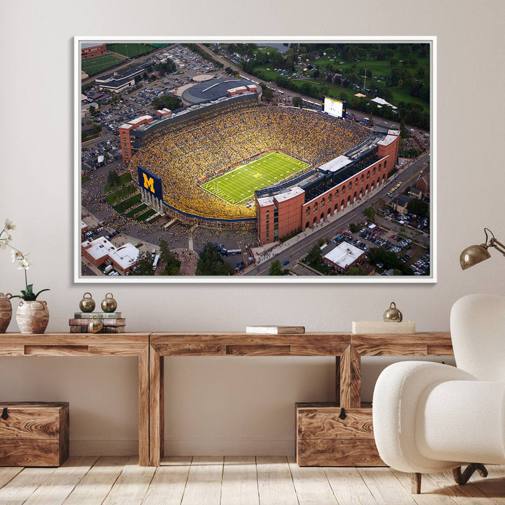 Canvas print featuring an aerial view of Ann Arbor Michigan Stadium filled with Wolverines fans.