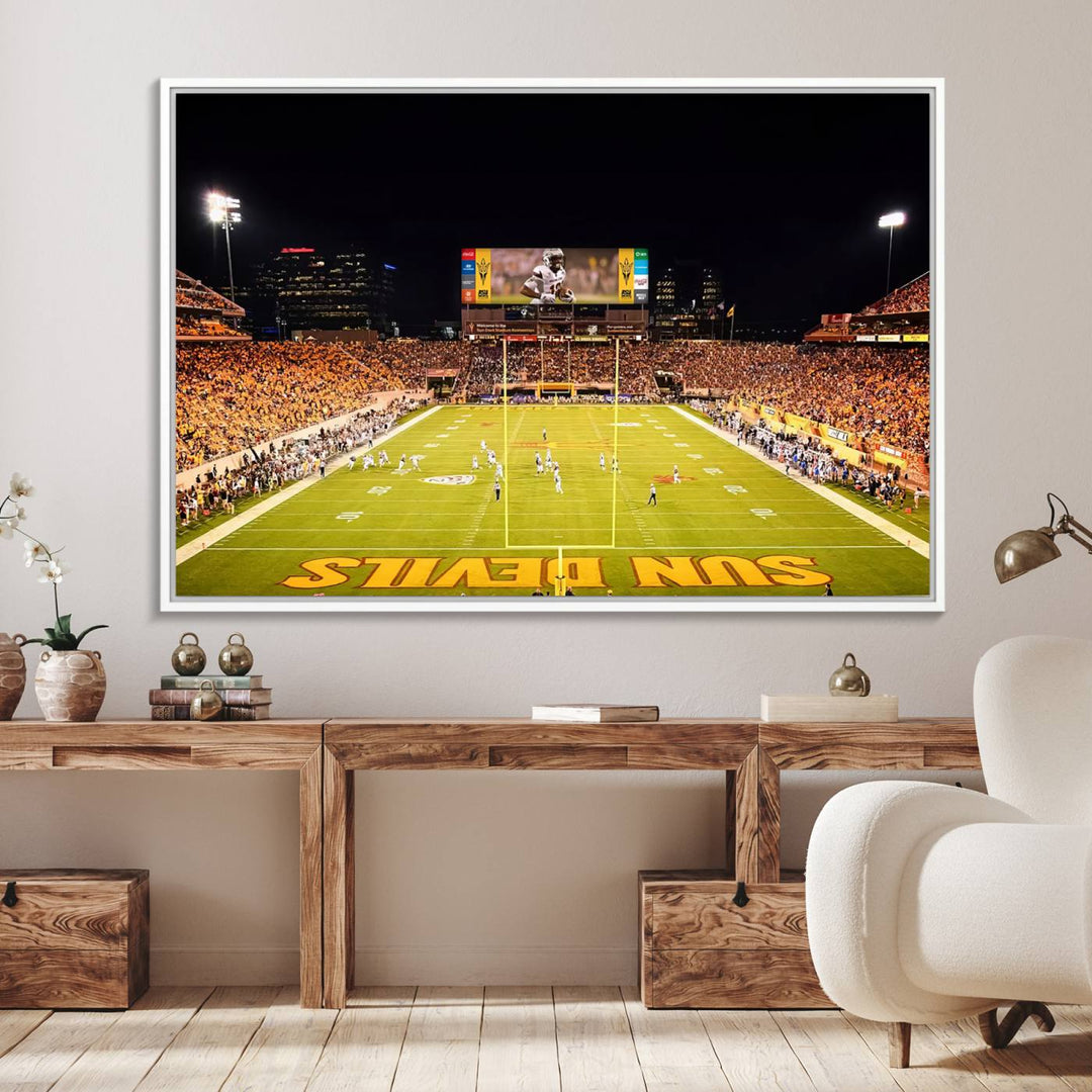 ASU Sun Devils Football Team Print - Wall Art Canvas featuring the Sun Devils end zone at Phoenix Mountain America Stadium.