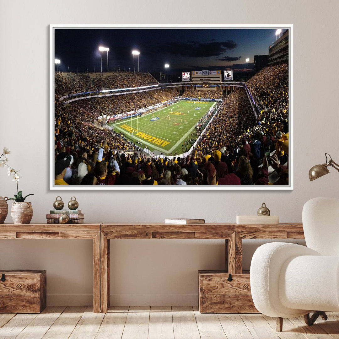 A room featuring an ASU Sun Devils Football Team Print, capturing fans at Phoenix Mountain America Stadium at dusk.