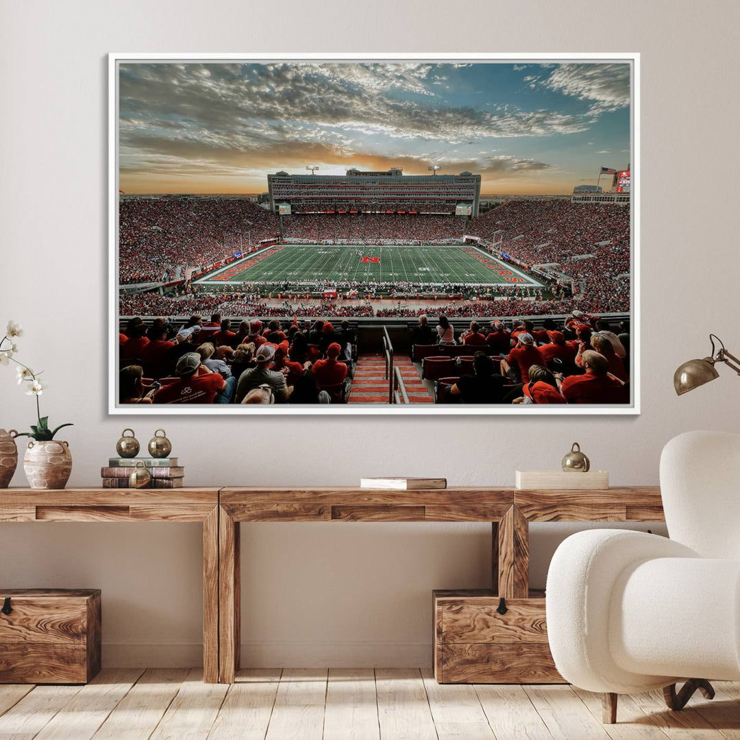 This stunning canvas wall art print features a packed Lincoln Memorial Stadium with the University of Nebraska Cornhuskers at sunset.