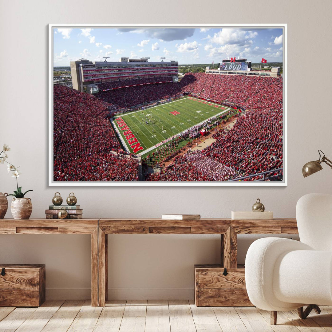 Wall art canvas print depicting a wide-angle view of Lincoln Memorial Stadium during a University of Nebraska game.