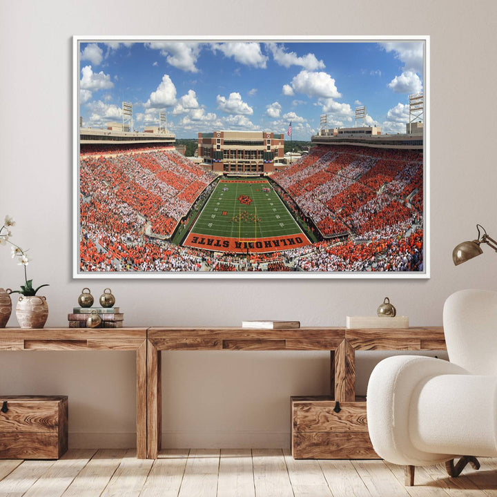 Boone Pickens Stadium was adorned with vibrant murals of Cowboys under a bright blue, cloud-speckled sky.